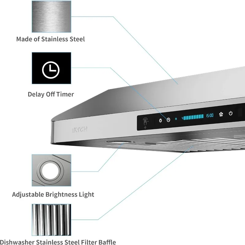 IKTCH kap mesin bawah kabinet 30 inci, dengan 900-CFM, Panel kontrol sentuh & sensor gerakan 4 kecepatan, ventilasi dapur baja tahan karat