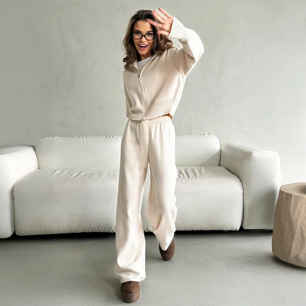 

Zipper Front Knitted Long Sve Wide Leg Pants Two Piece Set for Women Autumn Winter Pure Color Faion Ensemble