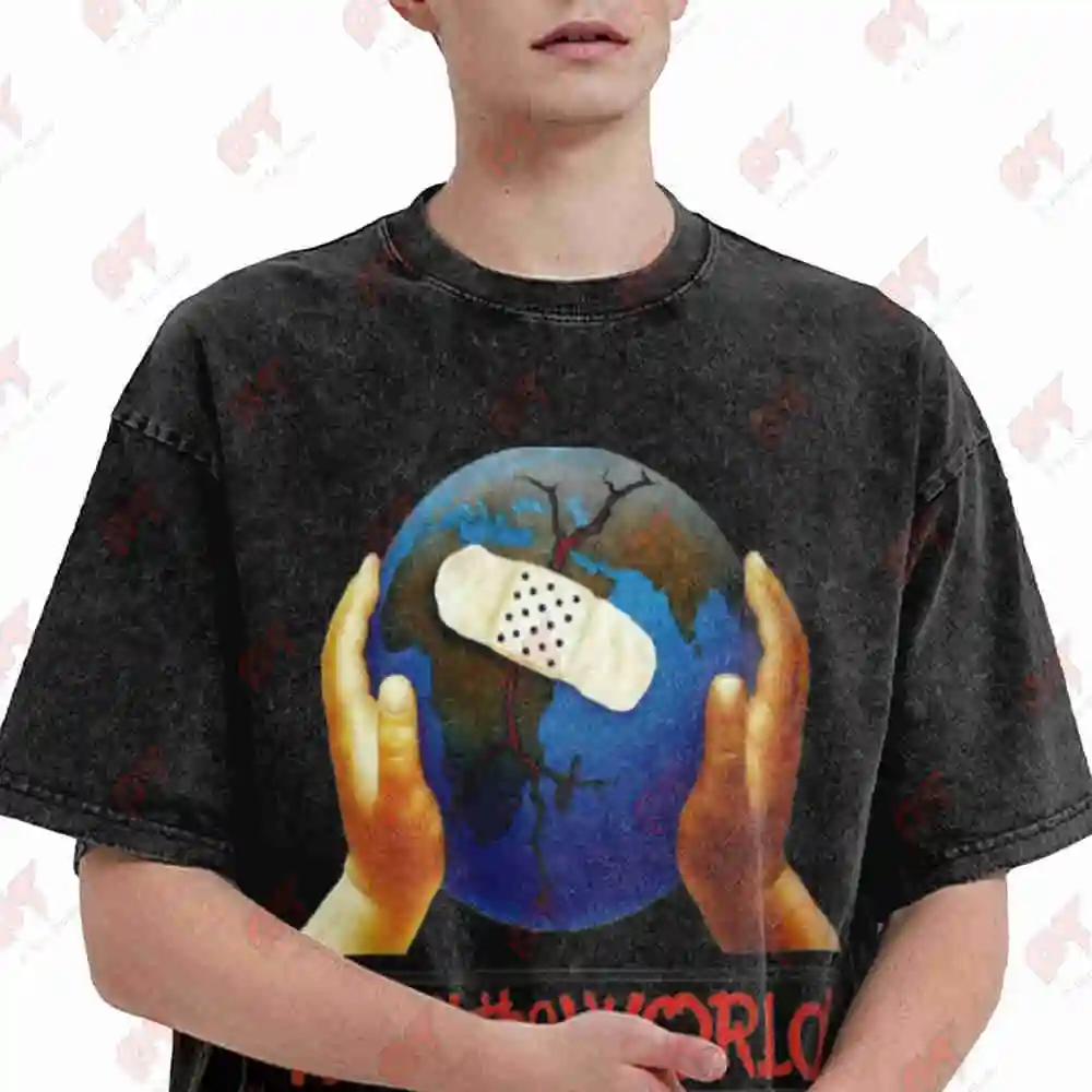 Heal The World Album Cover Earth Hands MJ Autograph Vintage Washed Tee Pure Cotton T-Shirt
