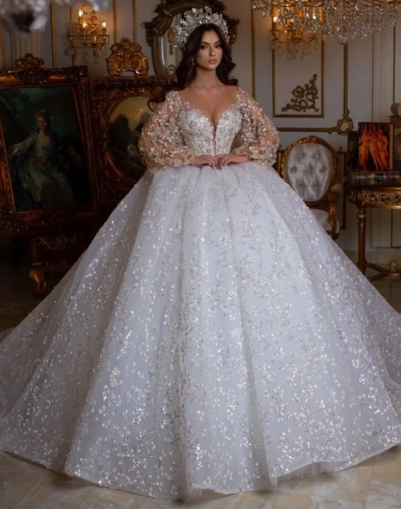 

Customized Ball Gown Wedding Dresses Illusion Puffy Long Sleeves Glitter Sequined Appliques Bride Gowns Vestidos De Noiva