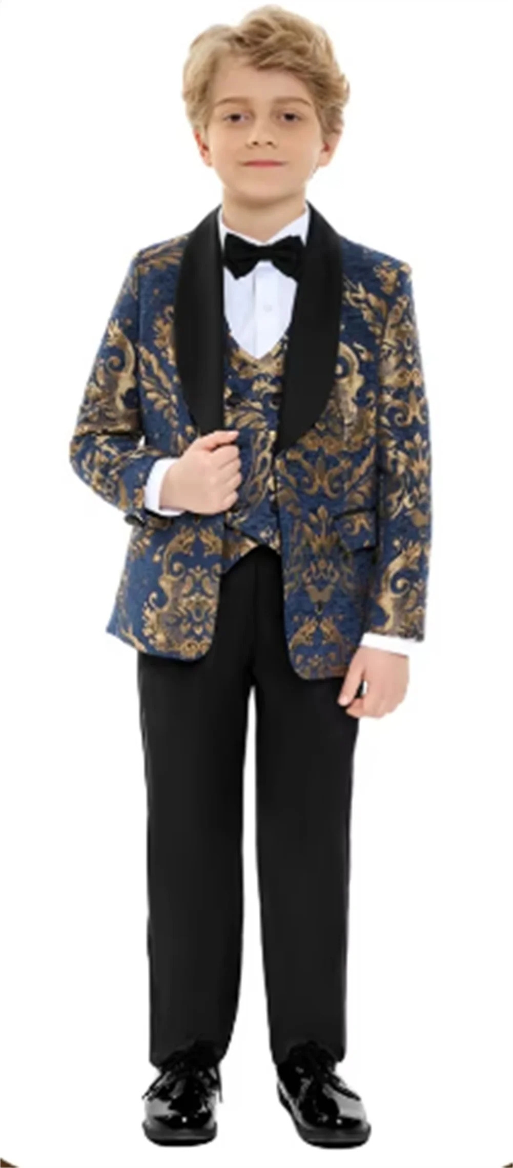 

Hot Sale Navy Blue Cute Boys 3 Pieces Suit Formal Banquet Graduation Coat Vest Pants Smart Quality School Performance With Bow