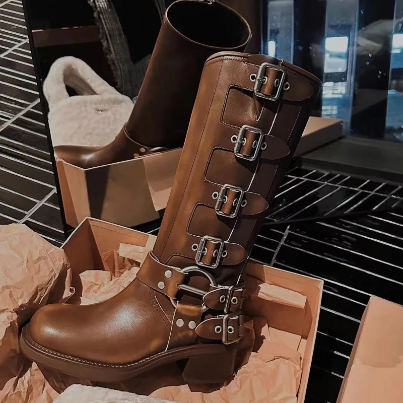 2026 winter new round head women\'s ankle boots leather buckle thick heel thick soled retro western mid-leg Knight ladies boots