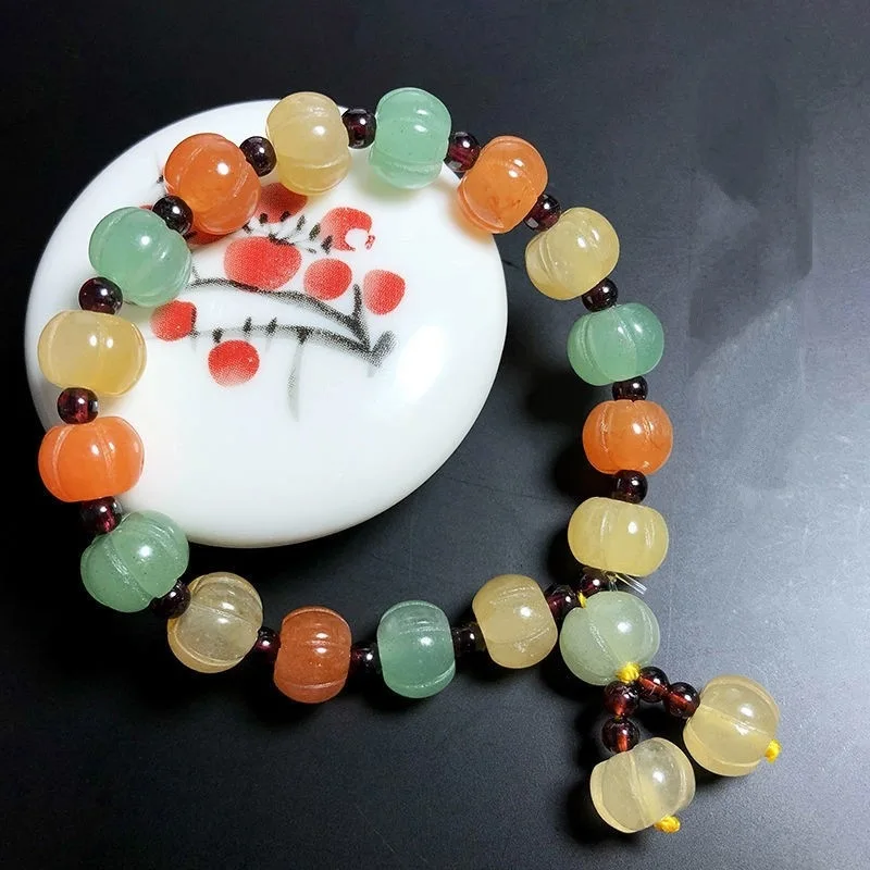 

Натуральный золотой шелковый нефрит, красочные тыквенные бусины, фиолетовый браслет, унисекс, счастливый шарм