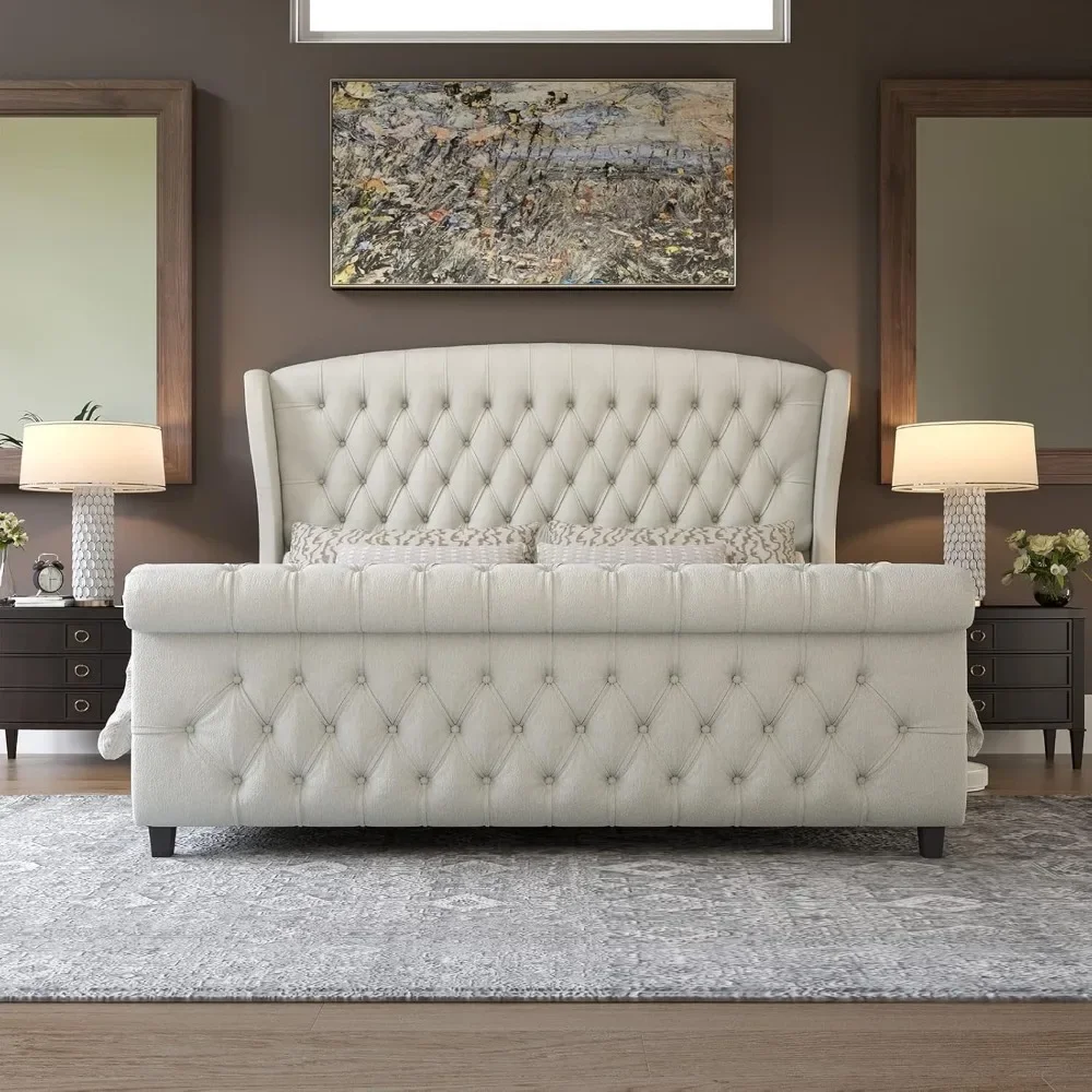 Platform Bed Frame, Chenille Upholstered Sleigh Bed with Scroll Wingback Headboard & Footboard/Button Tufted/No Box Spring