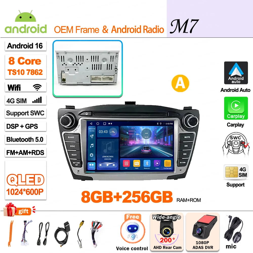 Android 16 Carplay voor Hyundai IX35 Tucson 2 LM 2009 - 2015 autoradio multimediaspeler QLED scherm GPS navigatie WiFi 5G