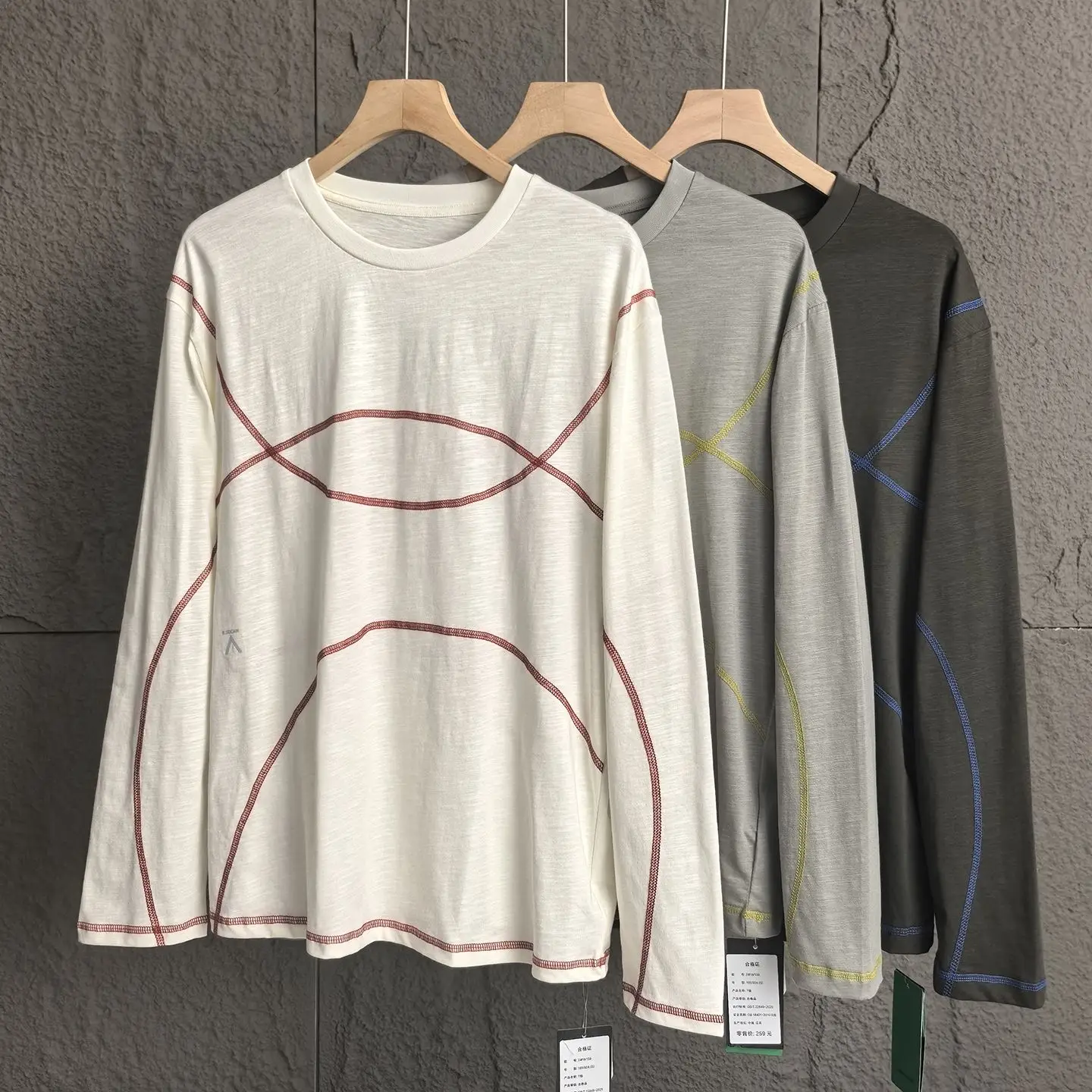 Casual Long Sleeve T-Shirt for Couples Commute Breathable Sporty round Neck Hsu Line Color Block Arc Design Moisture Wicking
