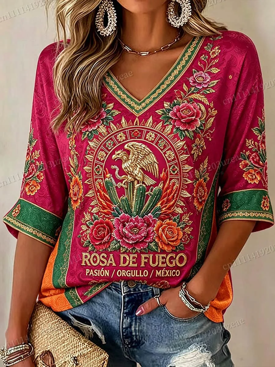 2026 Mexiko Fußball V-Ausschnitt T-Shirt für Männer und Frauen, bedruckt mit Azteken-Adler-Motiv, Vintage Mexikanisches Fußballtrikot, Kulturelles T-Shirt – Detail 2