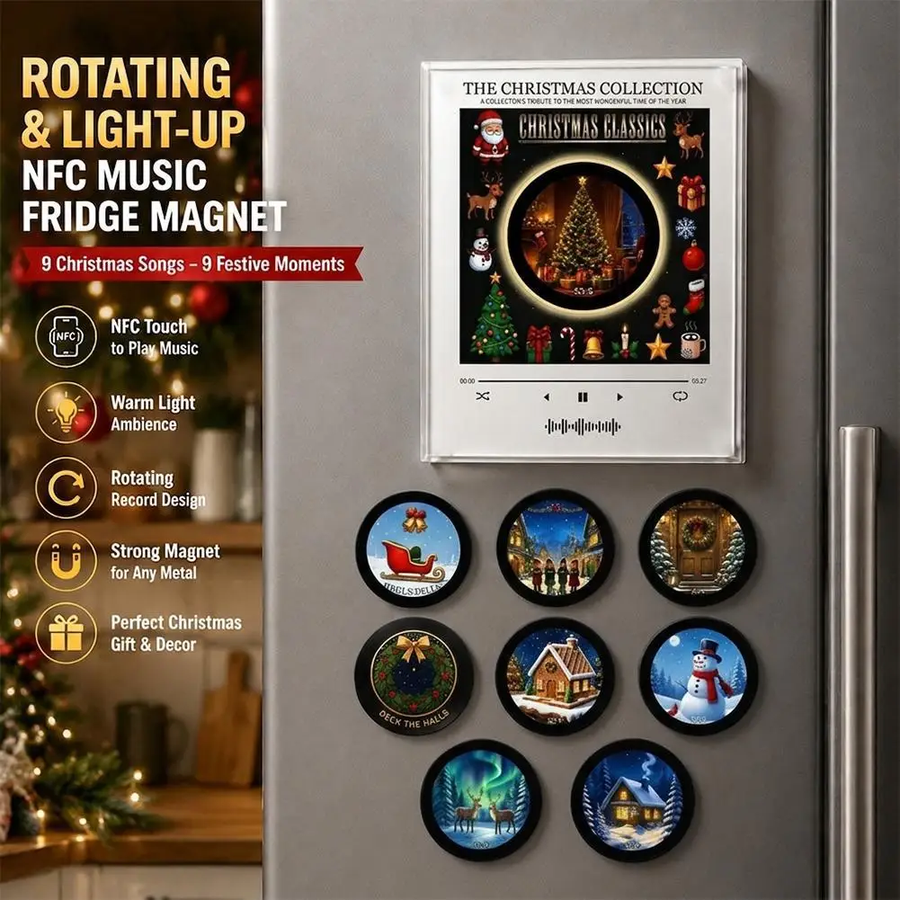 Christmas NFC Magnetic Vinyl Record Player Ambient Night Light Acrylic Music Player with 9 Replaceable Discs Fridge Ornament