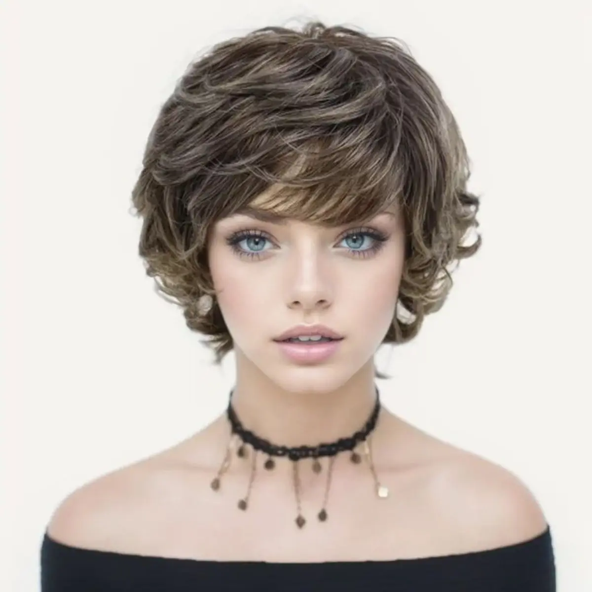 Synthetic Wigs for Women Short Curly Brown Wig with Bangs Natural Hairstyles Mixed Brown Color Hair Wigs for Mother Mommy Wig