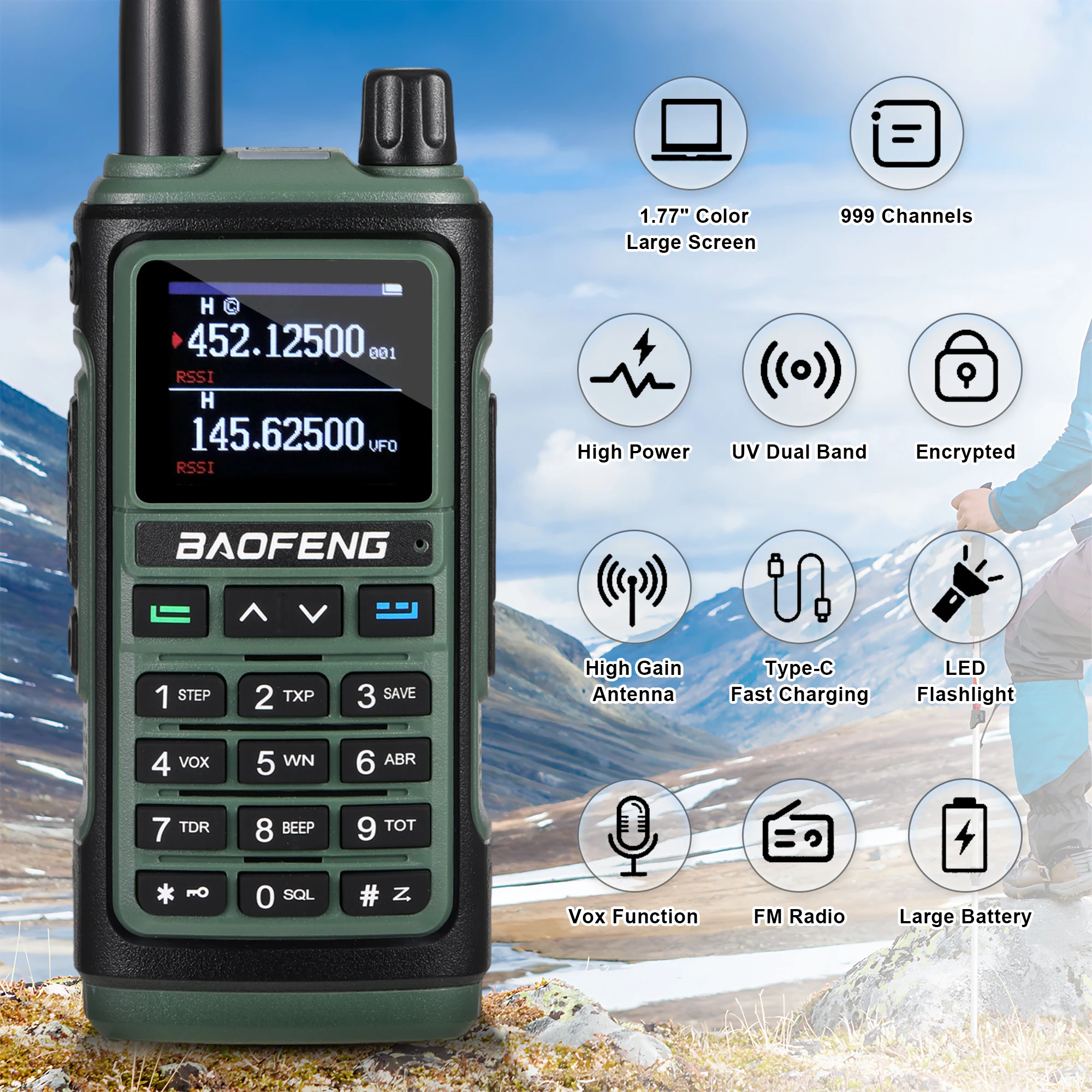 Walkie Talkie With UHF/VHF Bands And Air Band Support Wireless Frequency Copy Handheld Ham Radio BLack