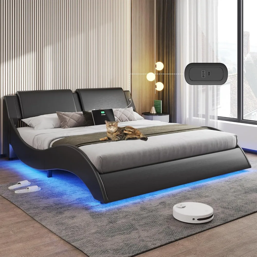 Queen Size Bed Frame with Led Lights and Charging Ports, Headboard Wave Like Curve Low Profile, Modern Faux Leather Bed Frame