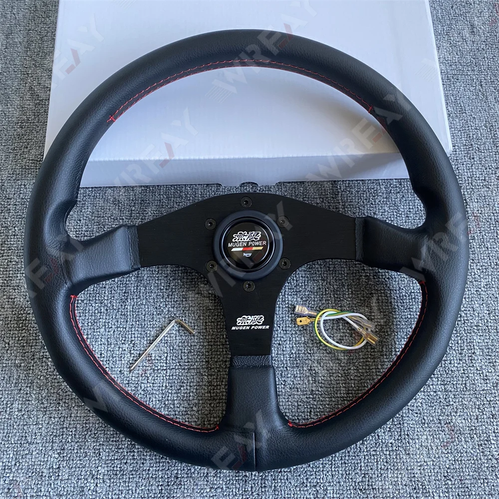 

Mugen Leather Steering Wheel 14inch Red Parallel Stitch Black Spoke Steering Wheel For Honda FIT civic Style