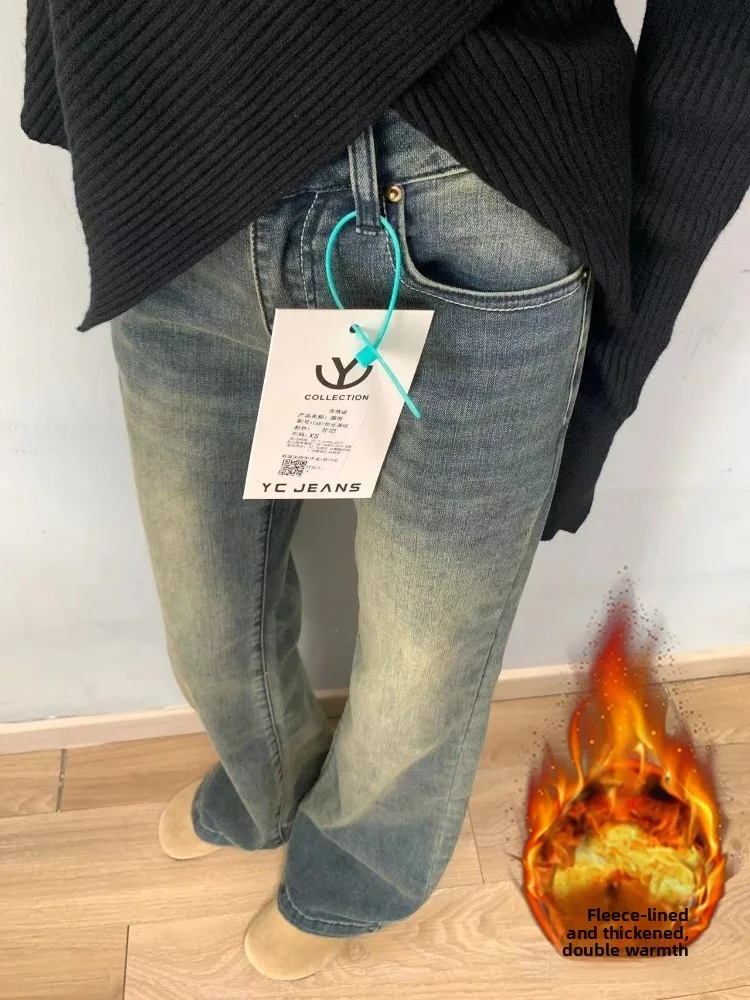 

Большие размеры Fce Lined Thiened Micro Flared Джинсы женские осенне-зимние с высокой талией для похудения эластичные прямые широкие брюки...