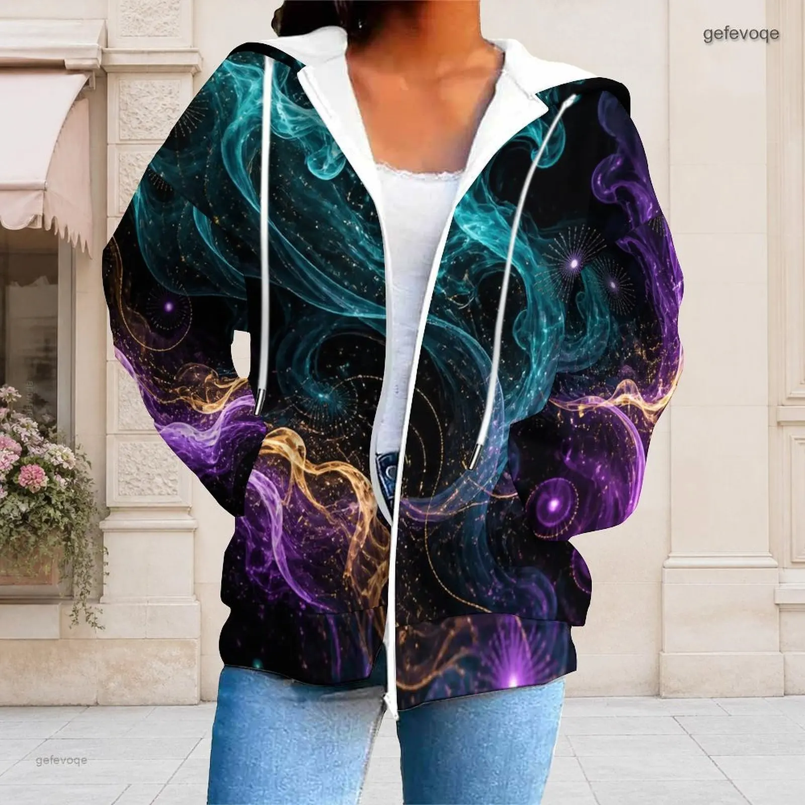 Women Rainbow Tie Dye Splatter Printed Zip Up Long Sleeve Hoodie with Drawstring Hood and Pockets