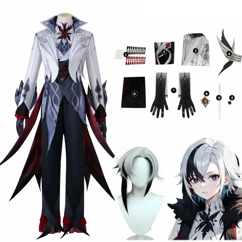 

Игра Genshin Harlequin Impact Косплей Костюм Хэллоуин Карнавал Мужская одежда Аниме The Knave Черно-белый парик Одежда