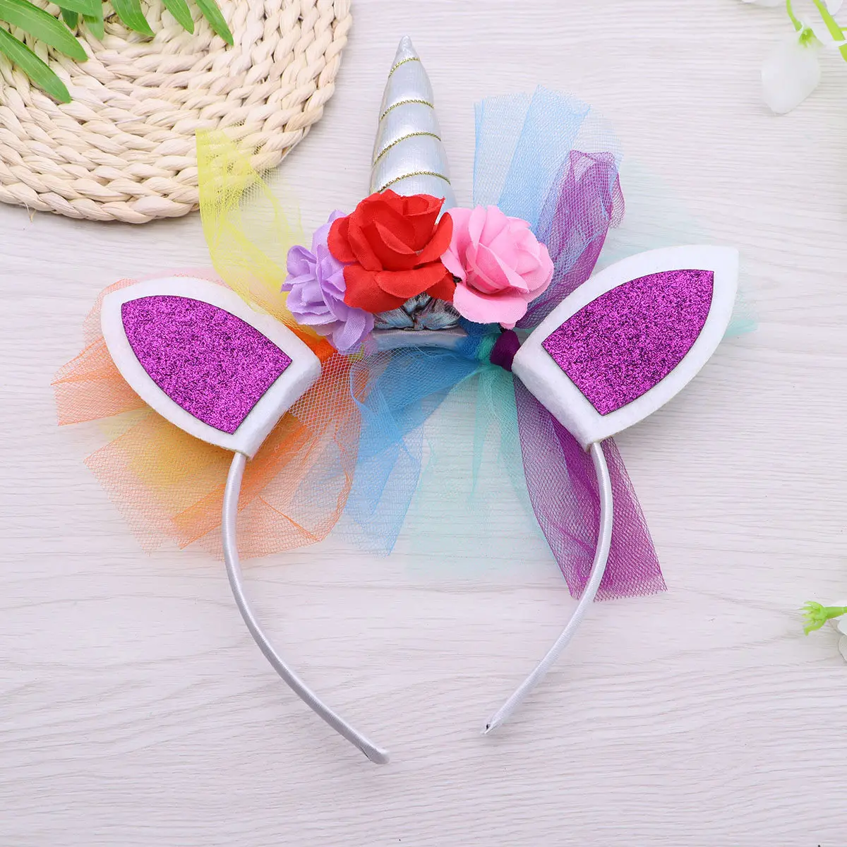 Kids Unicorn Hairband Featuring Unicorn Horn Soft Animal Ears Exquisite Grenadine Roses Festive Costume Party Christmas Photo