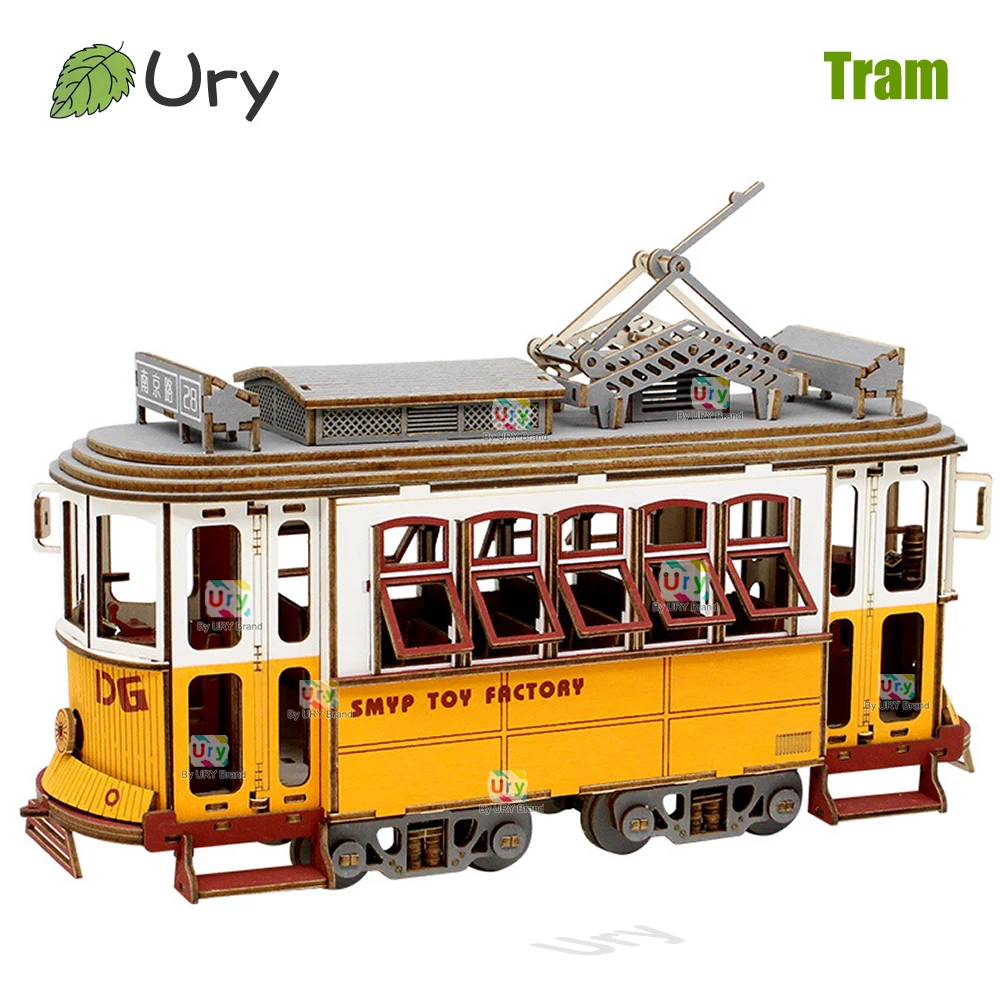 

Ury 3D Wooden Puzzle City Series Vintage Retro Yellow Tram Sakura Tram Station Model Assembly Desk Decoration Gifts for Adults