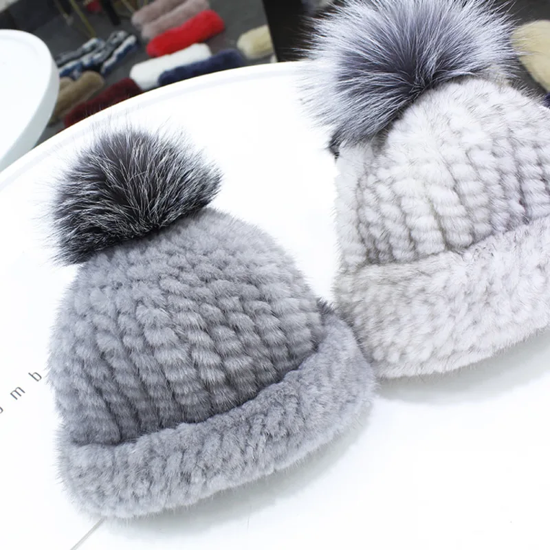 Genuine Mink Fur Hat For Women Winter Thickened Warm Ear Protection Fur Caps Fashion Thickened Knitted Hat With Fox Fur Ball