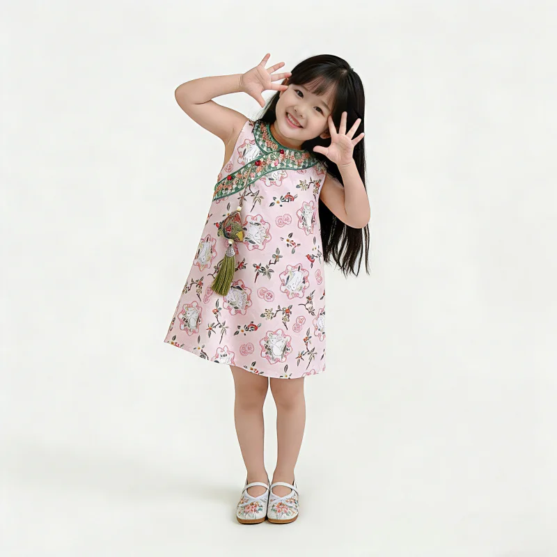 

Girls' summer dress, new Chinese-style fashionable children's dress, floral cheongsam dress for girlsAXC001