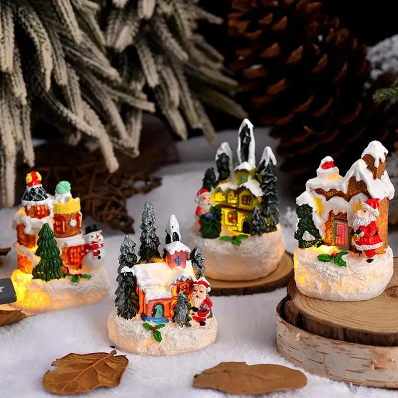 Mini Christmas Gingerbread Cottage Decoration Light Up Christmas Village Houses Ornament Resin Xmas Desktop Decor With Figurines