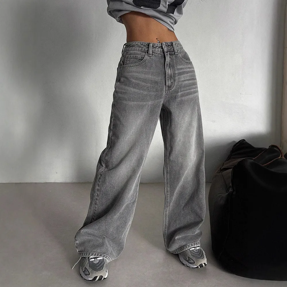 

Women's High Waist Gray Baggy Jeans Oversized Wide Leg Washed Denim Pants Loose Straight Trousers For Streetwear & Daily Wear