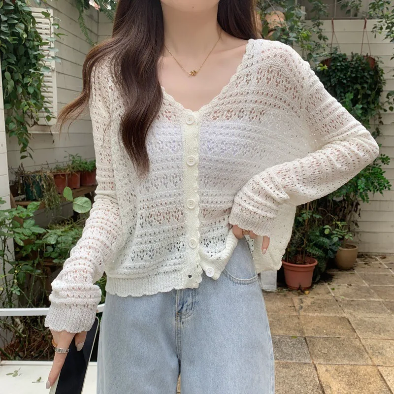 2024 Spring Summer Hollow Out Ice Silk Cardigan Female Cardigans Women V-Neck Sweater Jacket Coat Ladies Knitwear Sun-Proof Tops