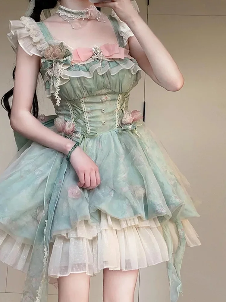 Abito da festa di compleanno verde chic coreano donna estate nuova vita dolce abiti corti sottili abiti Lolita fata dei fiori giapponese 2025