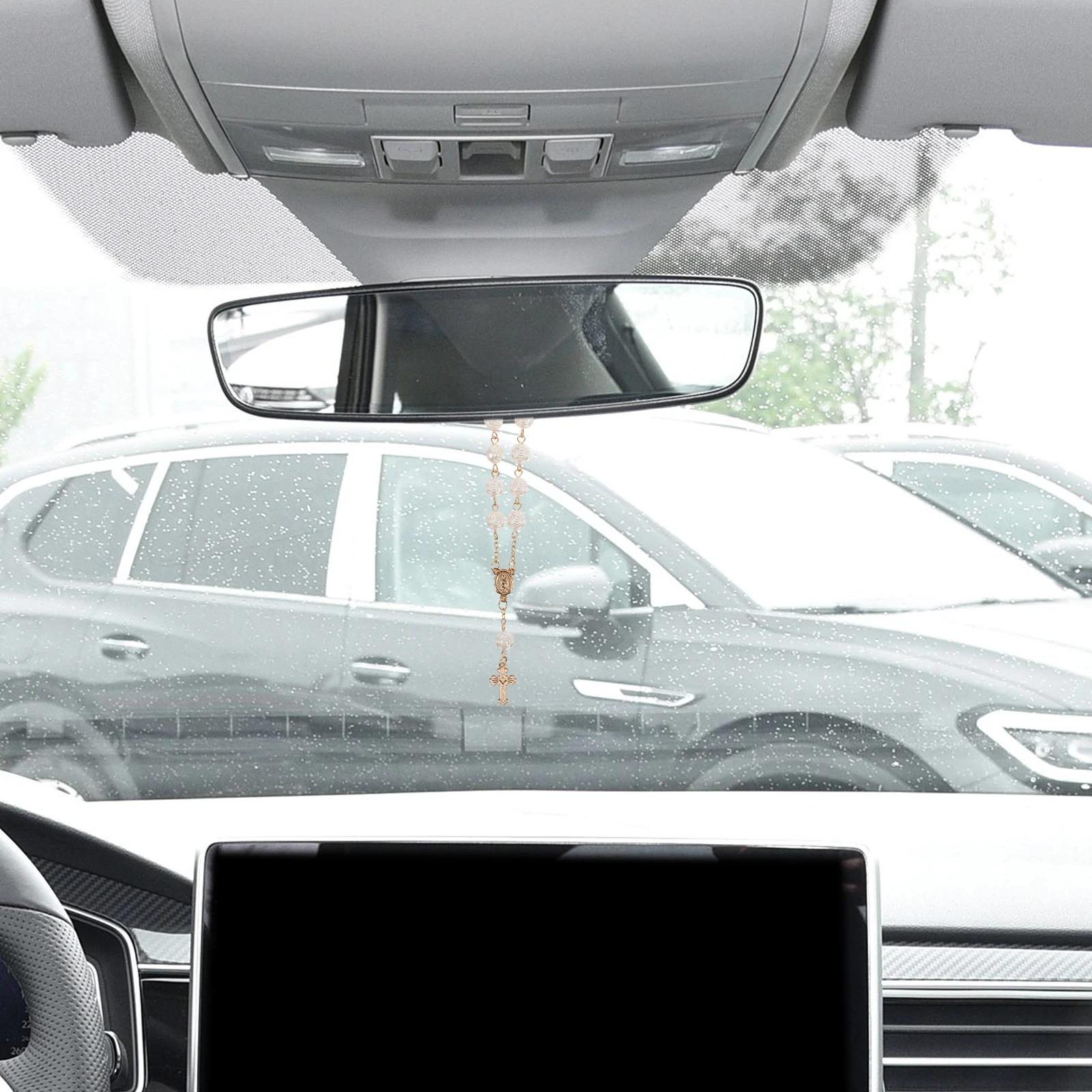

2pcs Car Rearview Mirror Decoration Rose Beads Cross Pendant Hanging Accessory Zinc Alloy Unisex Car Accessories