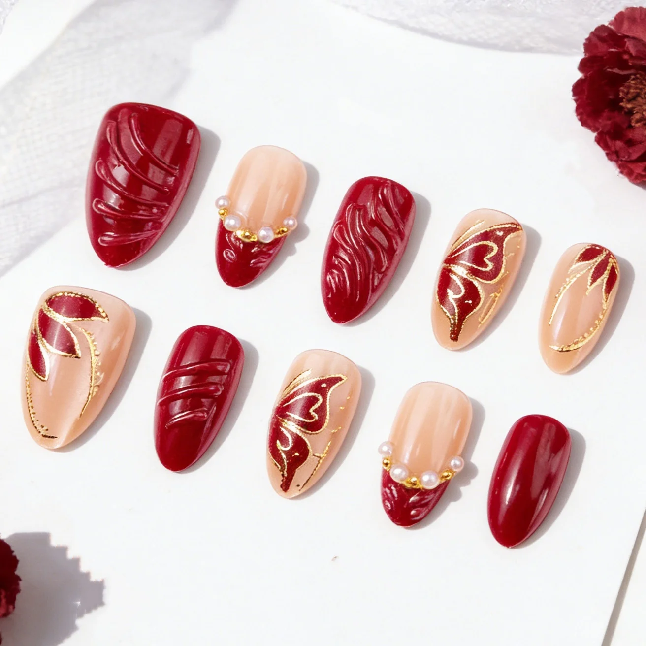 

24Pcs French Red Gilded Butterfly Press on False Nails Mid-length Almond Fake Nails with Pearl Detachable Full Cover Nails Tips