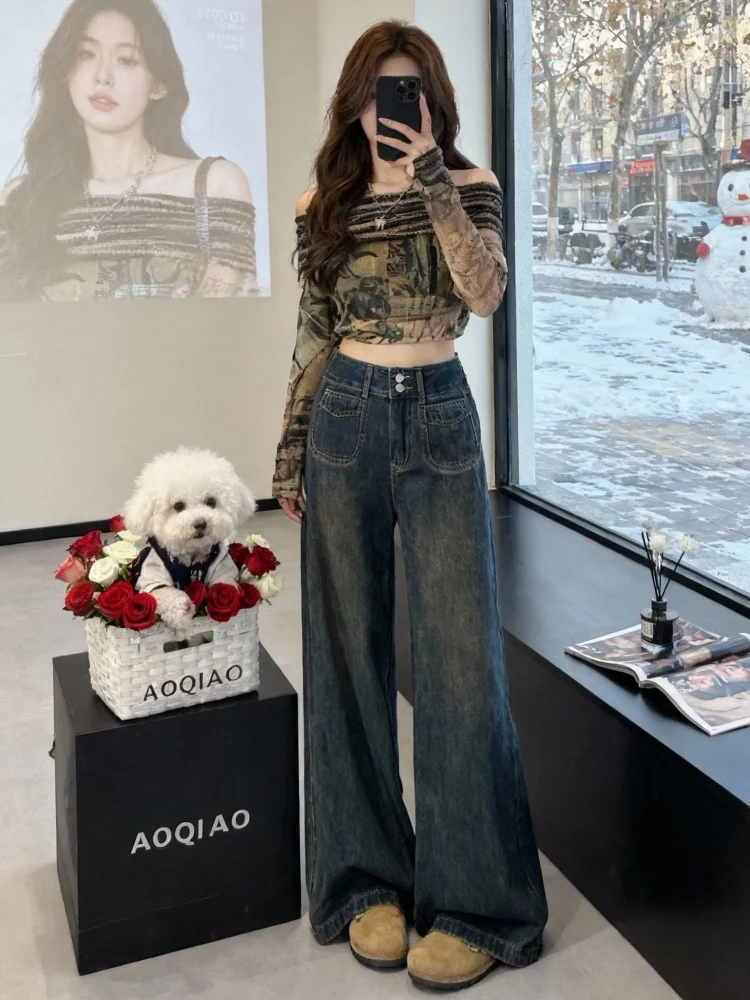 

Women's Fce Lined Thi Wide Leg Denim Jeans High Waist Straight Cut Loose Fit Vintage Sle Casual Trousers for Autumn Wi...