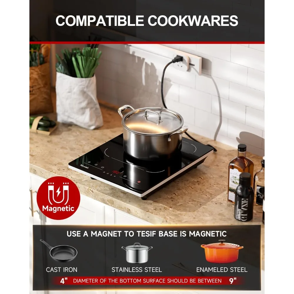 Portable Induction Cooktop, Hot Plate Countertop Burner with 8 Temp Levels, Timer, Auto-Shut-Off, Touch Panel, LED Display