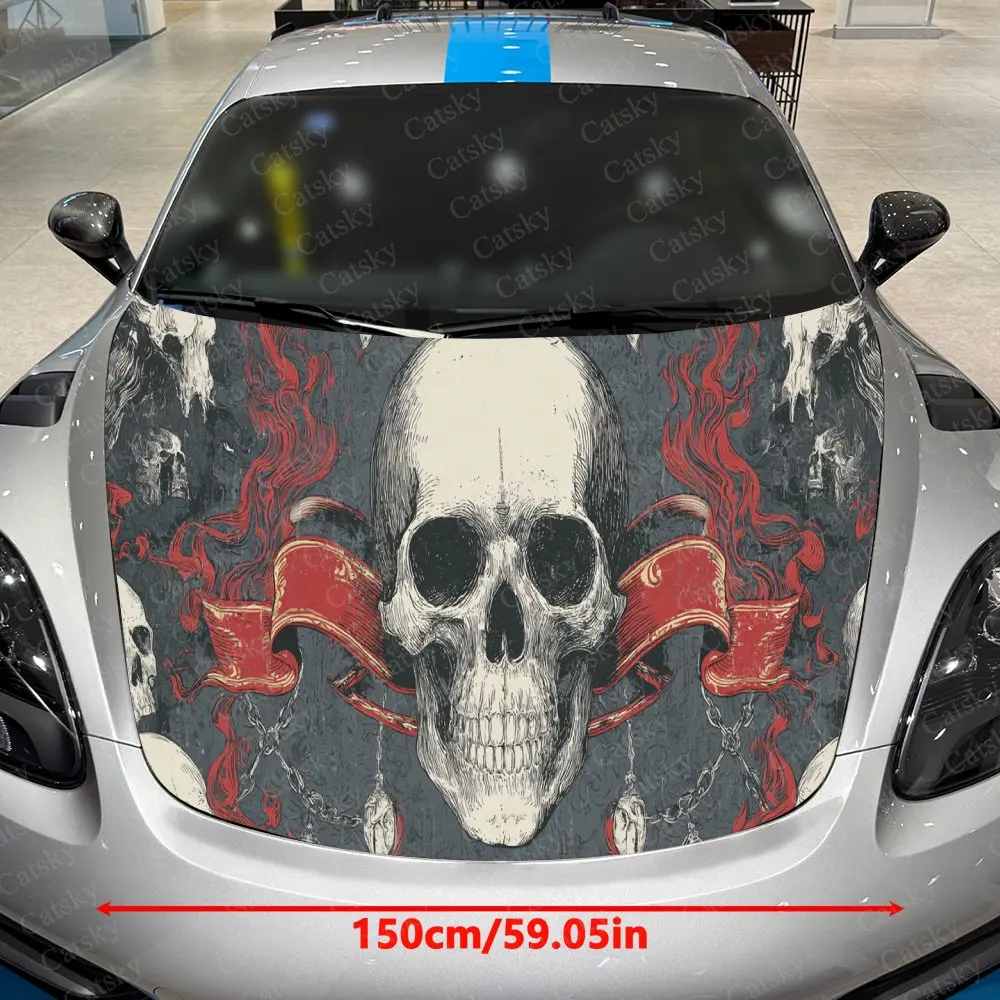 Skull Red Flame Dominant Hardcore PVC Car Hood Wraps, Self-Adhesive Waterproof Car Bonnet Decal Sticker, Car Decoration Protecti