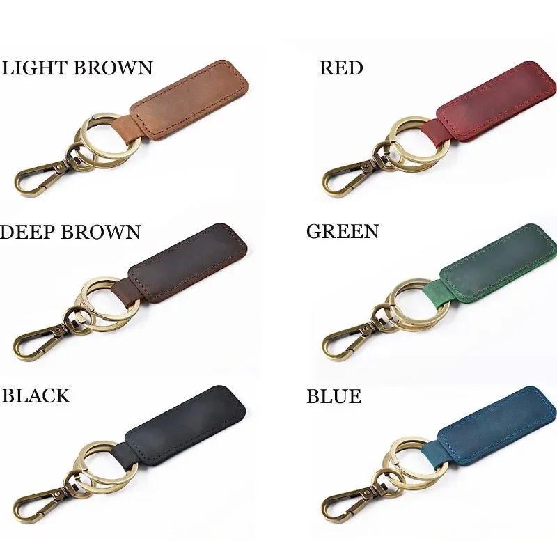 Retro Double Circle Keyring Square Strip PU Leather Keychains Hang Tag Laser engraving LOGO Customized Men Car Key Chain Pendent