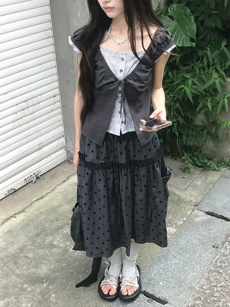 Y2K Sweet Polka Dot Tiered Midi Skirt Women Casual High Waist Lace Trim Pocket A Line Skirt Japanese Kawaii Elegant Streetwear