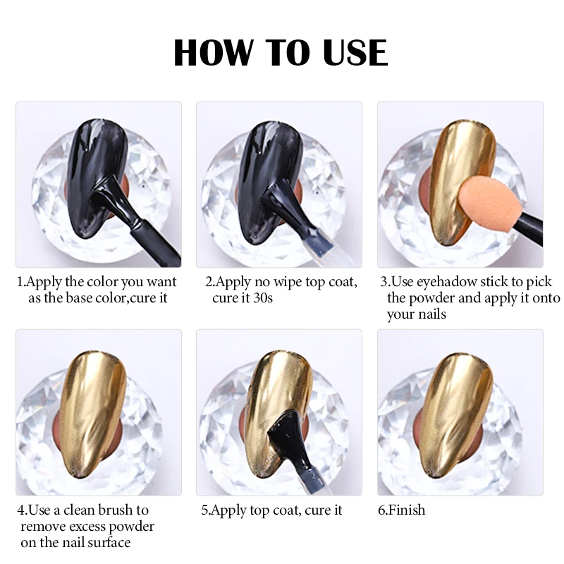 Polvo de espejo metálico dorado y plateado, efecto espejo fuerte, polvo cromado, purpurina para uñas, decoración artística, suministros para uñas