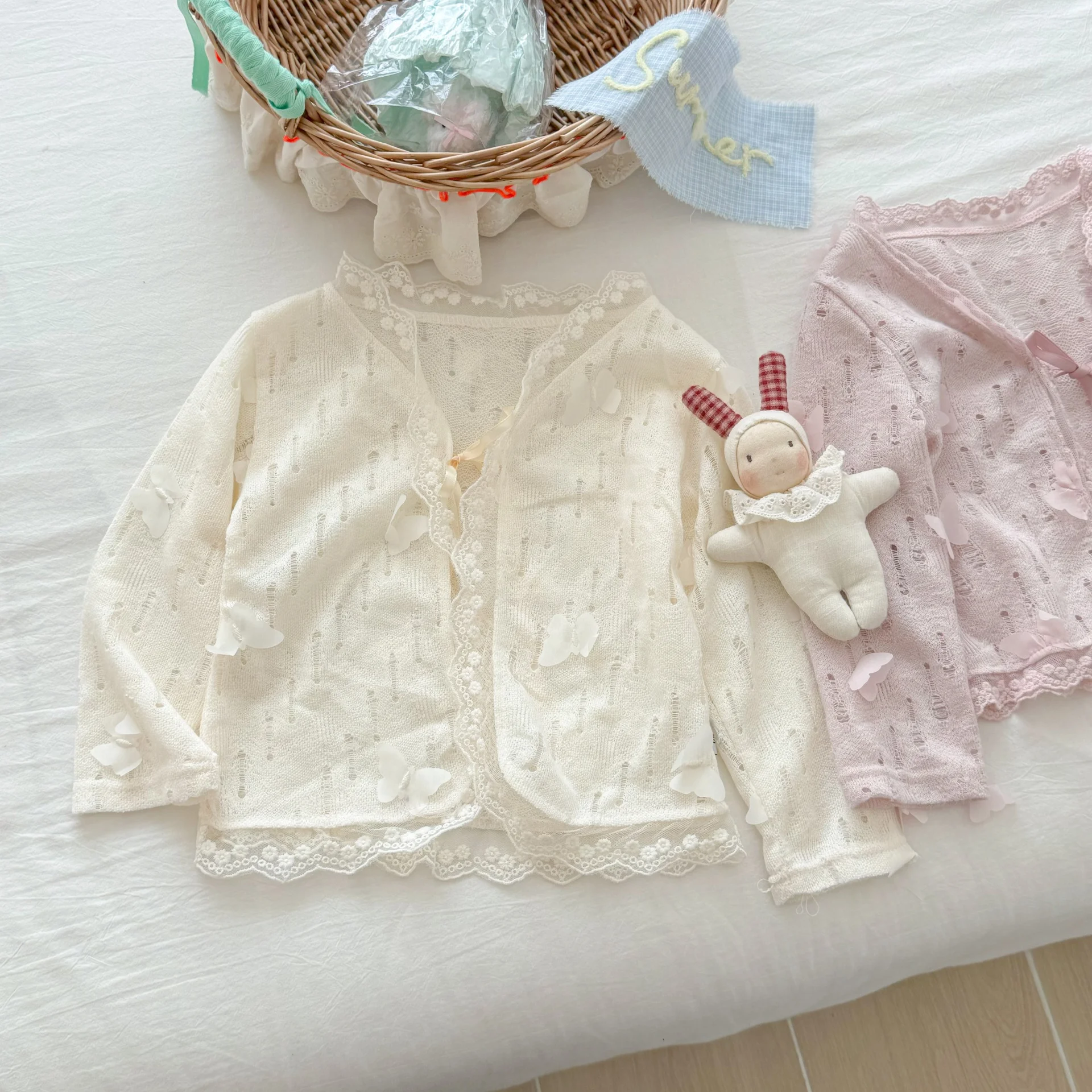 سترة صوفية محبوكة ناعمة بفيونكة جديدة للفتيات الصغيرات ملابس واقية من الشمس رقيقة للفتيات قمصان مفرغة لتكييف الهواء #4