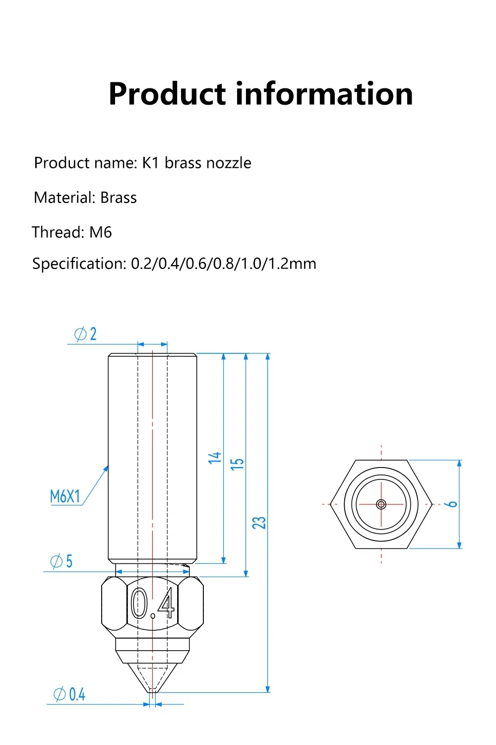 CREALITY K1 Brass Nozzle 6pcs/Kit M6 0.2/0.4/0.6/0.8/1.0/1.2mm For K1 FDM 3D Printer Parts Non Stick Filament