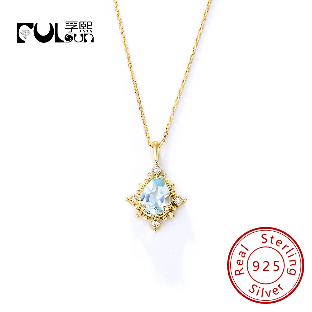 

Современный стиль, небесно-голубой топаз, циркон, камень, геометрический кулон, ожерелье, стерлинговое серебро 925 пробы, позолоченные ювелирные изделия 14 карат для женщин