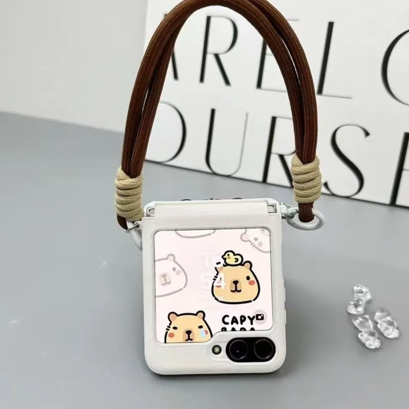 Korean Luxury Leather Handheld Short Rope Case for Samsung Galaxy Z Flip 6 5G Flip5 ZFlip6 Shockproof Cover