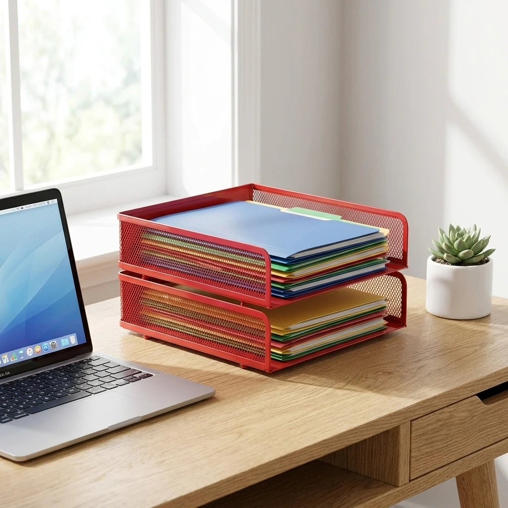 

Red 2/3/4-Tier Stackable Metal Mesh File Organizer-Durable Steel Desktop Document Tray, Space-Saving A4 Paper Holder for Office
