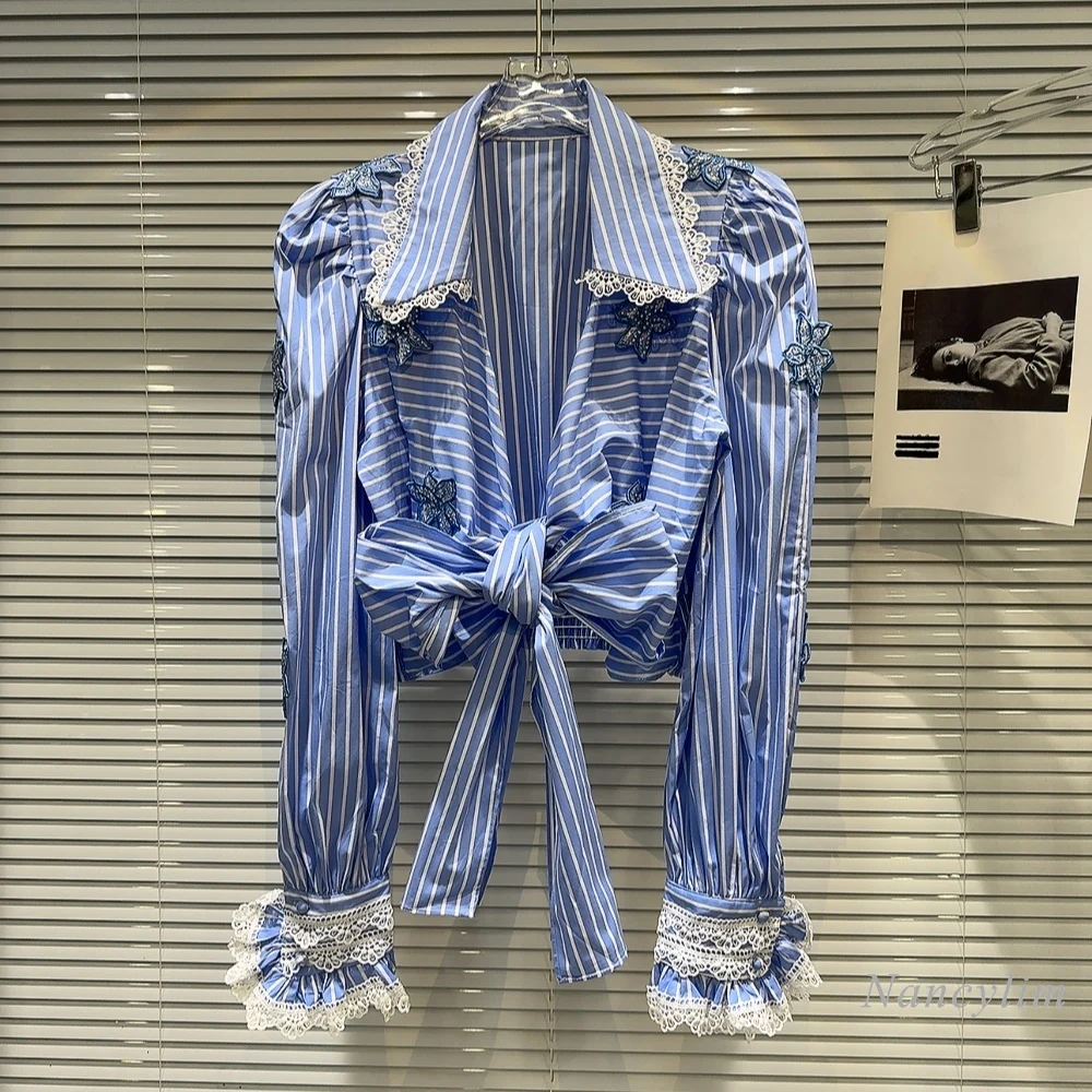 

Fall Blue Striped Blouse 2024 New French Style Classic Style Lace Edge Bow Bandage Vertical Striped Shirt Top for Women