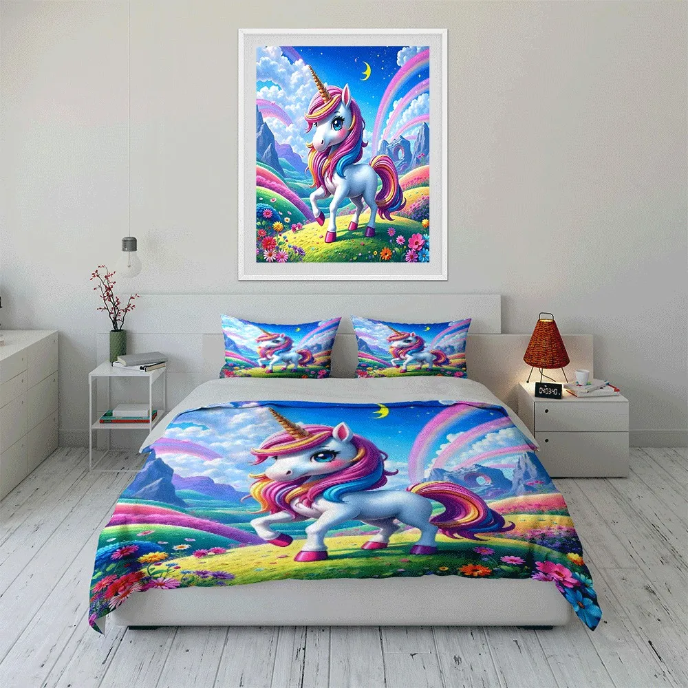 

"Colorful Unicorn Fantasy Landscape Design" Exquisite three-piece bedding set gift for kids and adults