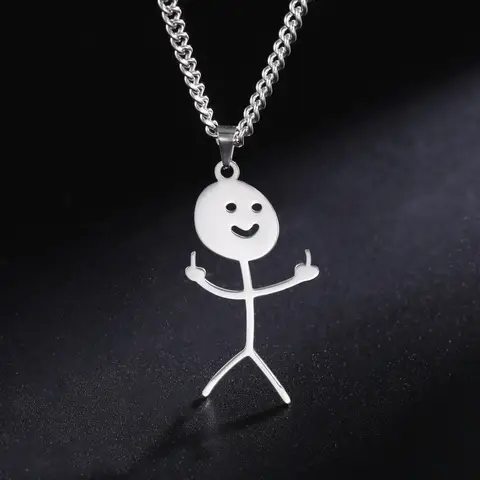 Skyrim Hip Hop Doodle Necklace for Men Women Stainless Steel Long Neck Chain Fashion Middle Finger Stickman Jewelry New