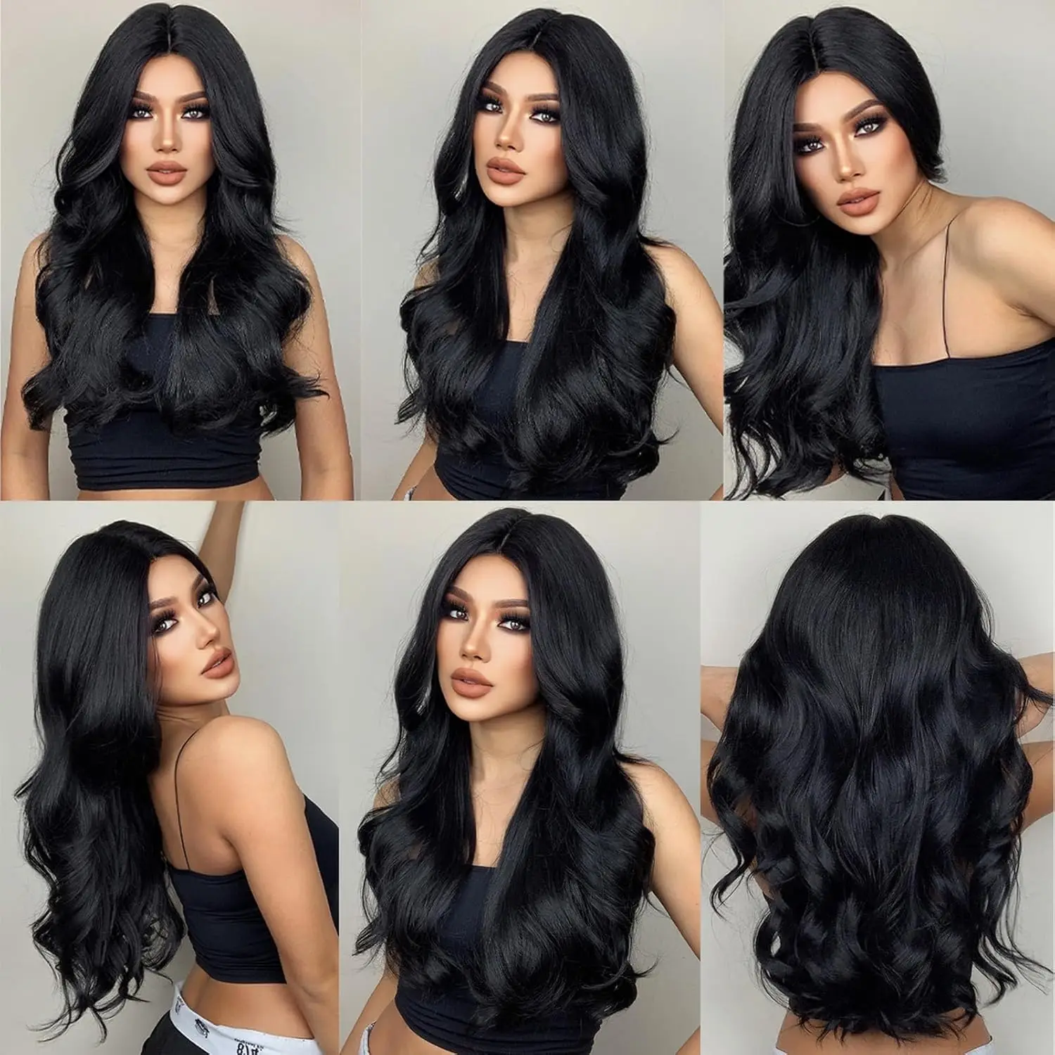 Everyday Black Long Curly Wig 26 Inch Fluffy Look Breathable Lightweight Middle Parted Bangs Synthetic Fiber Wig Women Daily