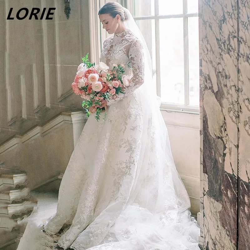 LORIE-Robe de Mariée Vintage en Dentelle à Col Haut, Manches sulf, Élégante, Ligne A, Style Boho, pour les Patients, Quelle que soit l'Ivoire avec des Appliques