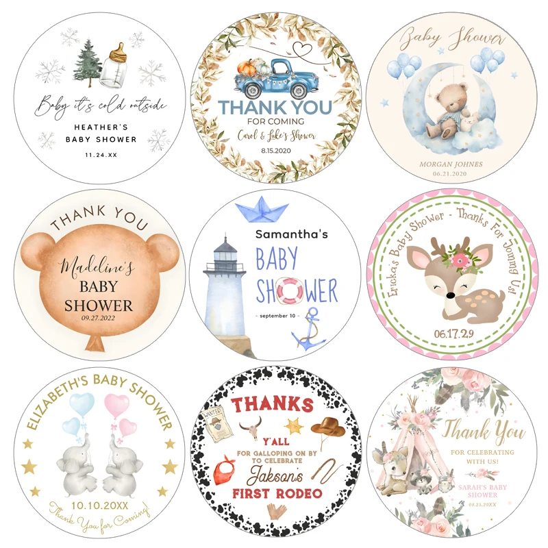 

Custom Baby Shower Thank You Favor Stickers Personalized Name Cute Animals Birthday Party Labels Welcome New Born Gender Reveal