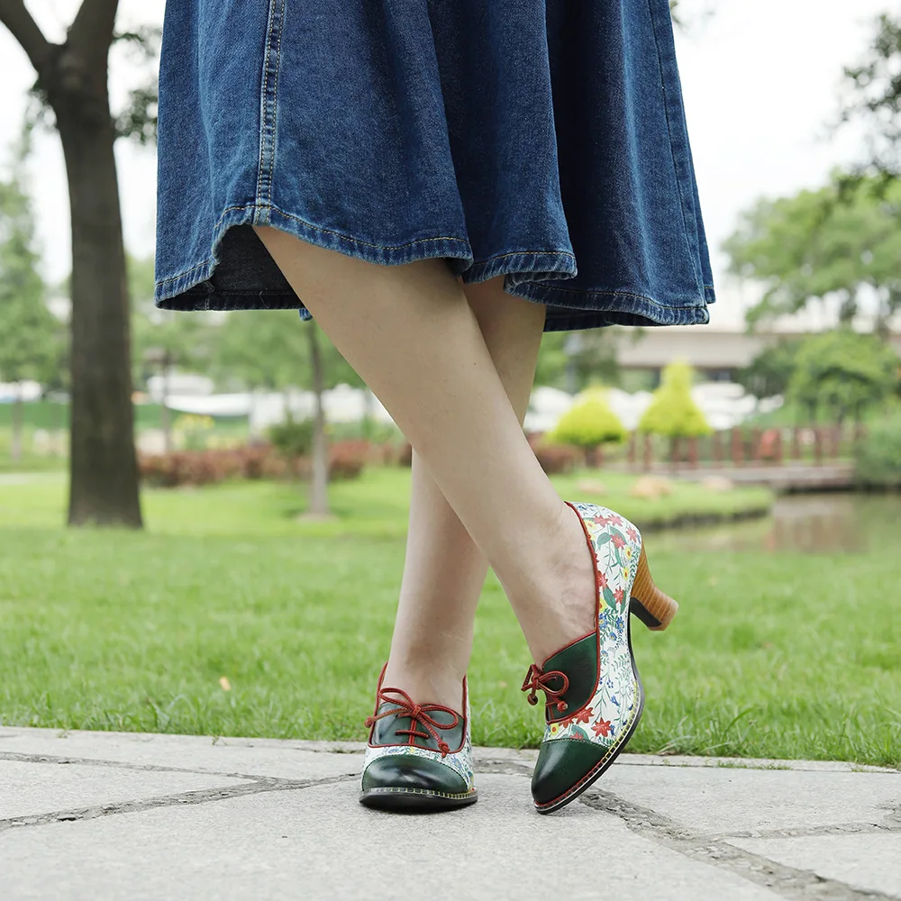 Socofy Raffan Luxury Summer Vintage Printed Genuine Leather Block Mid Heel Ankle Hook Loop Women Pumps