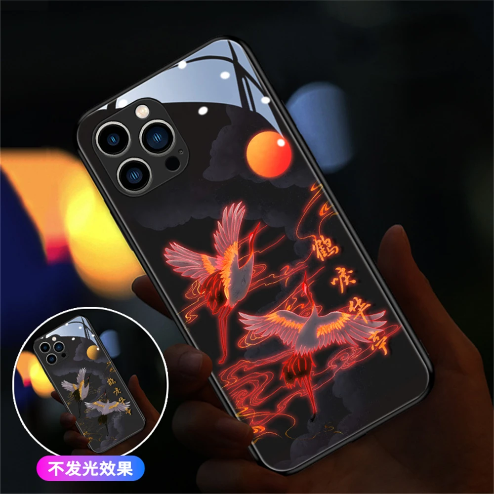 Red-Crowned Crane Design Sound Control LED Flash Cases For Samsung S24 S23 S22 S21 S20 Note 10 20 Plus Ultra A54 A14 A53 A32 A52