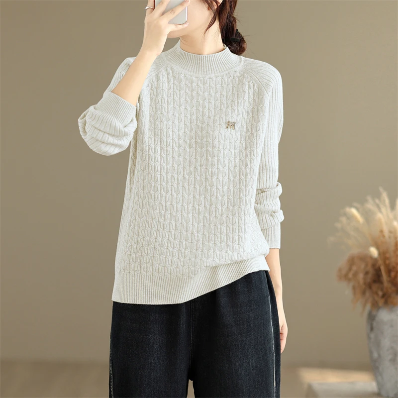 Outono inverno feminino malha redonda Ne suéter oulder inserção Thiened camada base quente top japonês Sle poliéster Ac...