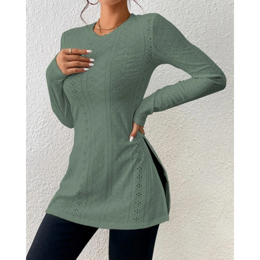 

Round Neck Long Sleeve Textured Slim Fit Sexy T Shirts Top for Women Casual Fashion 2023 Basic Solid Tee Shirts Summer Spring